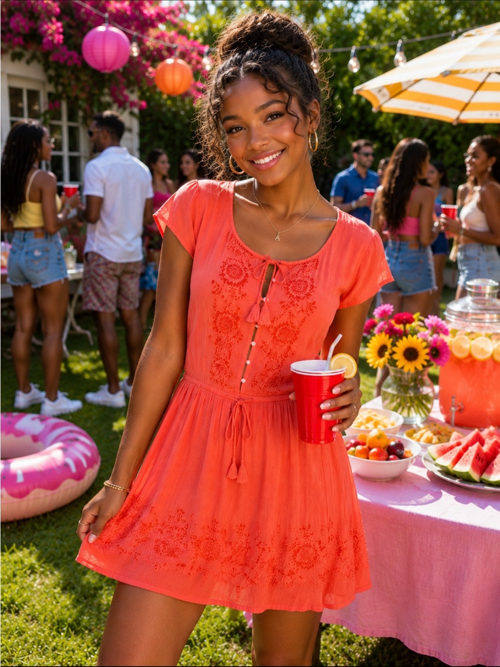 NWT Hollister Coral Embroidered Mini Dress Tassel Tie Short Sleeve Boho